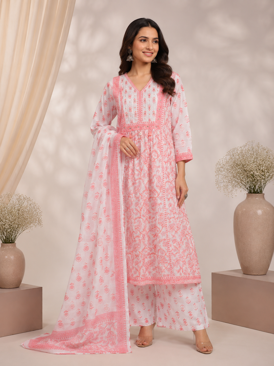 Women's Pink Cotton Printed Kurta Palazzo Set with Dupatta